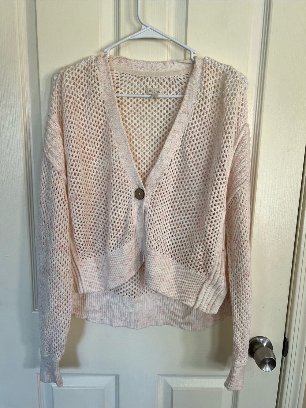 PILCRO Anthropologie Open Knit Cardigan Sweater Pink Cream Boho M